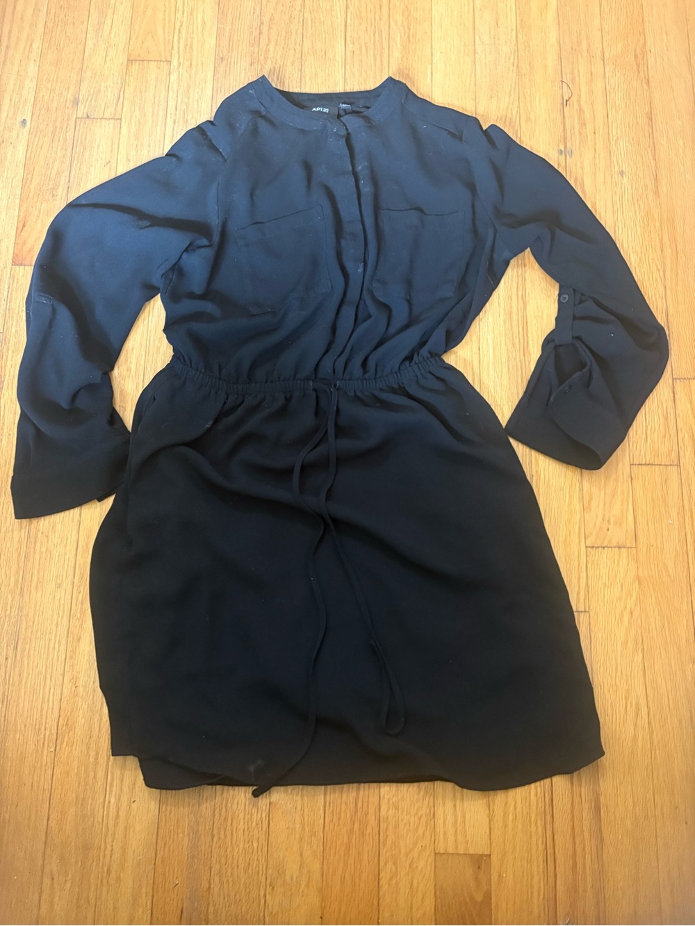 Black Long Sleeve Drawstring Waist Dress